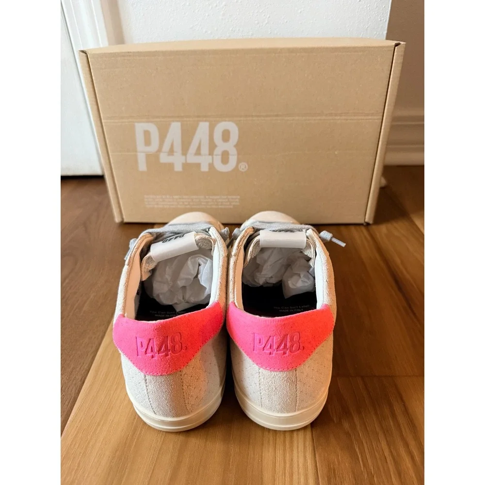 P448 John Low Top Sneakers Beige‎ Perforated Suede Neon Pink Heel 38 / 8